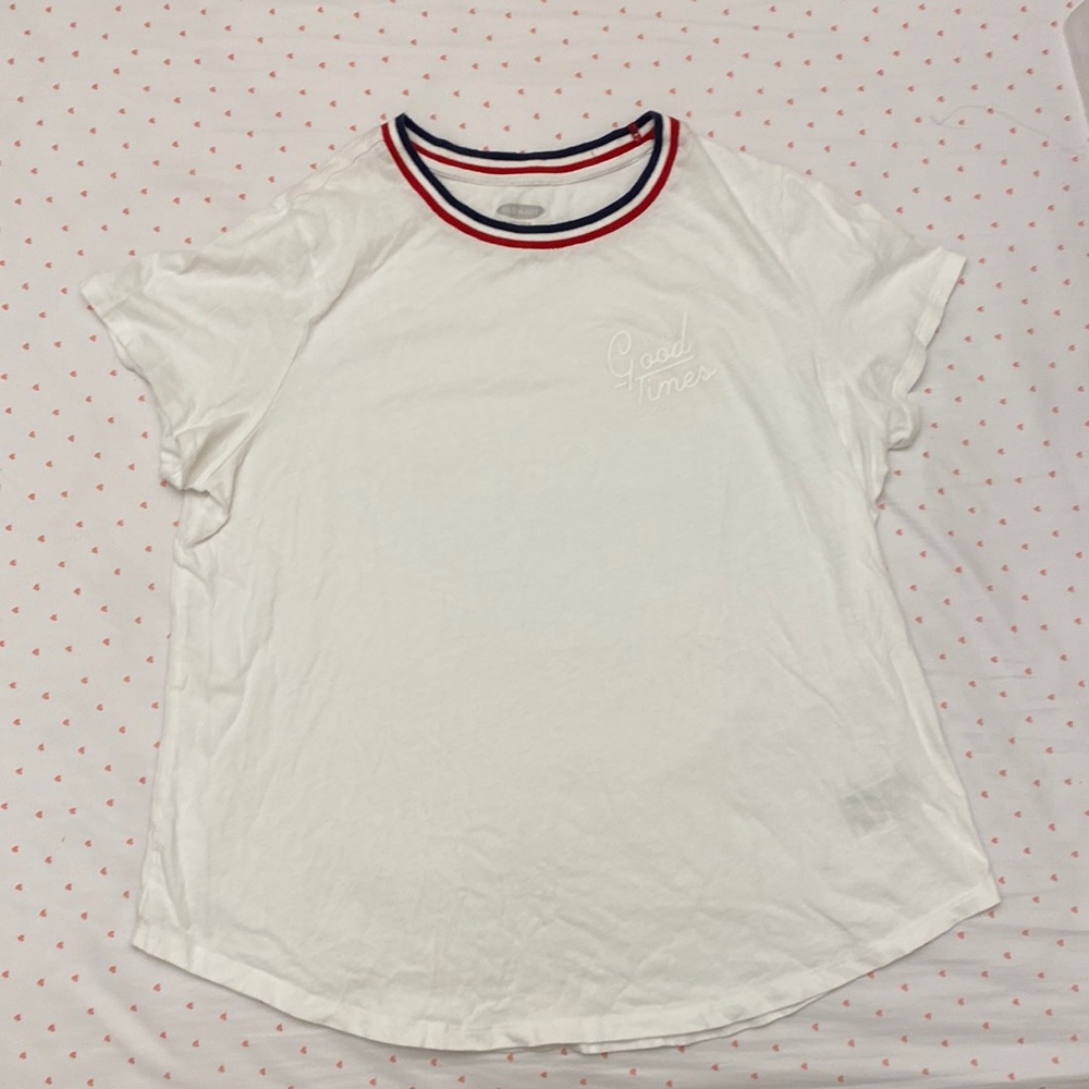 Old Navy, L, White Tshirt w/ red-white-blue neckline. “Let the Good Times Roll”